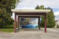 Old bus station with children's drawings on the wall Royalty Free Stock Photo