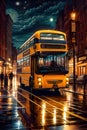an old bus on a wet road, in a new york city street, people walking on the atreet, starry night, clouds, sky, light, vintage touch Royalty Free Stock Photo