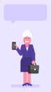 Old business woman holding suitcase and mobile phone Royalty Free Stock Photo