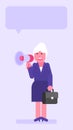 Old business woman holding suitcase and speaks into megaphone Royalty Free Stock Photo