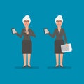 Old business woman holds mobile phone holds documentation and sm Royalty Free Stock Photo