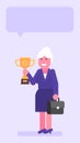 Old business woman three quarters face holding suitcase and golden cup