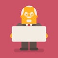 Old businessman holding blank sign and smiling. Vector character Royalty Free Stock Photo