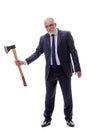 Old businessman holding hatchet isolated on white Royalty Free Stock Photo
