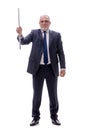 Old businessman holding metal stick on white