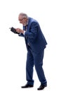 Old businessman holding wallet isolated on white