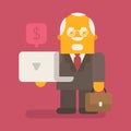 Old businessman holds laptop and suitcase. Vector character