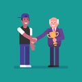 Old businessman shakes hands with an afro american guy and hands golden goblet. Flat people