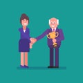 Old businessman shakes hands with an businesswoman and presents golden goblet. Flat people