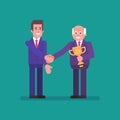 Old businessman shakes hands with an guy and hands golden goblet. Flat people