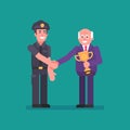 Old businessman shakes hands with an policeman and presents golden goblet. Flat people