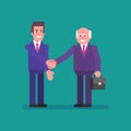 Old businessman shakes hands with an young businessman. Flat people