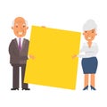 Old businesswoman and old businessman holding big blank sign and smiling. Vector characters Royalty Free Stock Photo