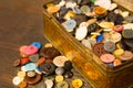 The old buttons. Buttons in an old metal box. Royalty Free Stock Photo