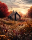 an old cabin in the middle of an autumn field Royalty Free Stock Photo