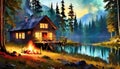 an old cabin nestled in a forest, surrounded by a mesmerizing fire and a serene lake in the distance
