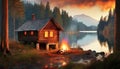 an old cabin nestled in a forest, surrounded by a mesmerizing fire and a serene lake in the distance