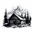 Bold Silhouette Of Cabin In Mountains - Clean Vector Art