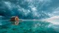 Old cabin on a vast reflective calm water under a cloudy sky Royalty Free Stock Photo
