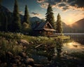 an old cabin in the woods in front of a lake farm house.