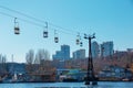 Old cable car in Dnepropetrovsk. Cable car cabins against the background of the blue sky and the urban landscape Royalty Free Stock Photo