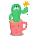 Old cactus in pink coffe cup with yellow flower Royalty Free Stock Photo