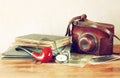 Old camera, antique photographs and old pocket clock. Royalty Free Stock Photo