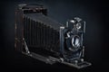 Old camera on a black background. Vintage photo camera open Royalty Free Stock Photo