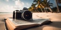 Old camera with book on beautiful tropical sandy beach with palm trees Royalty Free Stock Photo