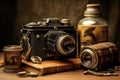 Old camera and books on a wooden table. Photo in old color image style, Vintage Camera And Old Photographs, AI Generated Royalty Free Stock Photo