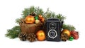 The old camera and a Christmas composition. / /. Royalty Free Stock Photo