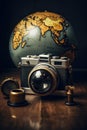 Old camera in front of historical themed globe, abstract art