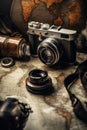 Old camera in front of historical themed globe, abstract art