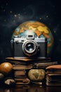 Old camera in front of historical themed globe, abstract art