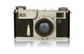 Old camera isolated on a white background. Vintage film camera with retro lens isolate. 19th century Royalty Free Stock Photo