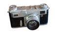 Old camera isolated on a white background. Vintage film camera with retro lens isolate. 19th century Royalty Free Stock Photo