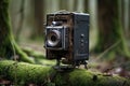 Old camera on a mossy branch in a forest. Vintage photography, AI Generated