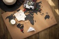 Old camera and route plan on the map, vintage photo. Travel and holidays. Copy space Royalty Free Stock Photo