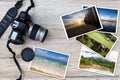 Old camera and stack of photos on vintage grunge wooden background