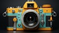 an old camera with a turquoise and orange color scheme