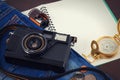 Old camera, vintage camera films popular in the past. Royalty Free Stock Photo
