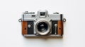 Vintage Silver And Wood Camera With Retro Design On White Background