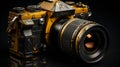 an old camera with a yellow and black color scheme