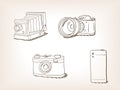 Old cameras set hand drawn sketch vector Royalty Free Stock Photo