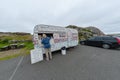 Old camper used as a kiosk selling waffles at Lindesnes Lighthouse..