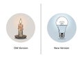 Old candle versus new LED light bulb comparison concept Royalty Free Stock Photo
