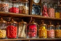 Old candy store. Colorful candies in jars. Old fashioned retro style