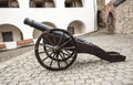 Antique iron cannon on wheels. Royalty Free Stock Photo