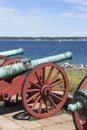 Old cannons in front of Kronborg Castle on the Oresund Strait, Baltic Sea, Helsingor, Denmark Royalty Free Stock Photo