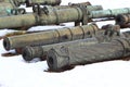 Old cannons on snow closeup